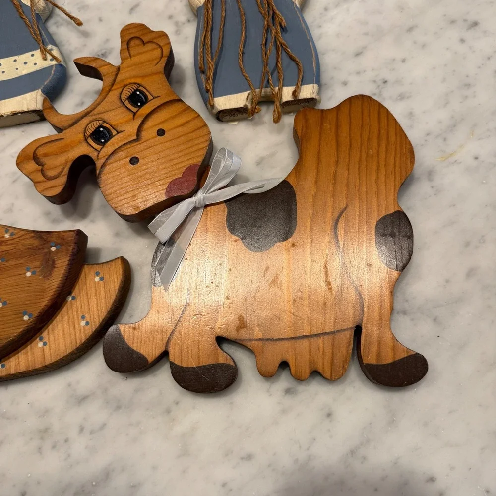 Vintage Farmhouse Wood Wall Decor Set 4pc Cow Swan Rabbits Hand Painted Folk Art
